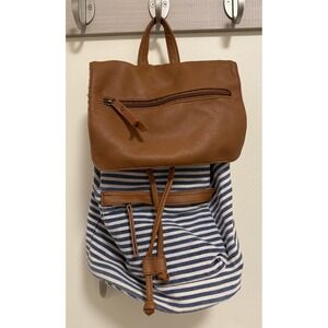 Madden Girl Stripped Back Pack Blue & White Canvas Faux Leather Trim Drawstring